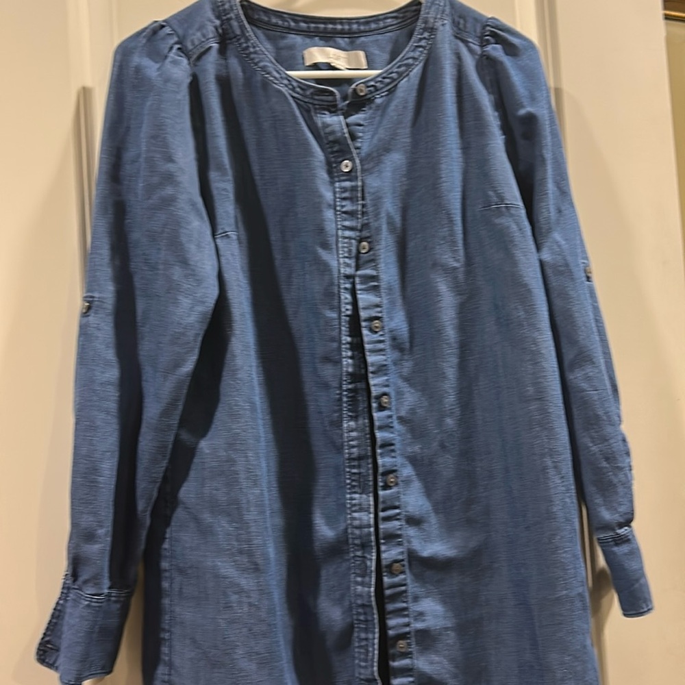 Loft denim chambray button down front dress Long Sleeve w/ tab scoop Hem Size XS
